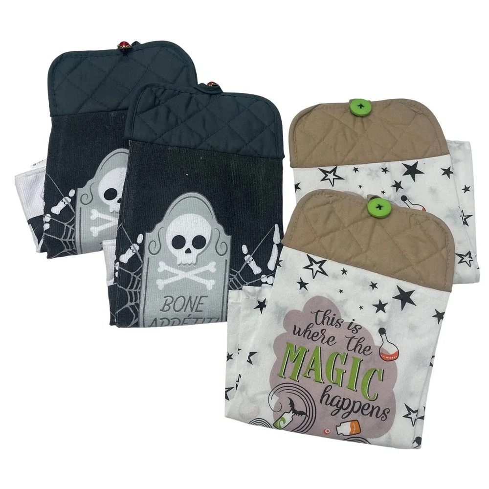 Halloween Hanging Kitchen Towels 4pc Set Bone Appetit Magic Happens Spooky Decor